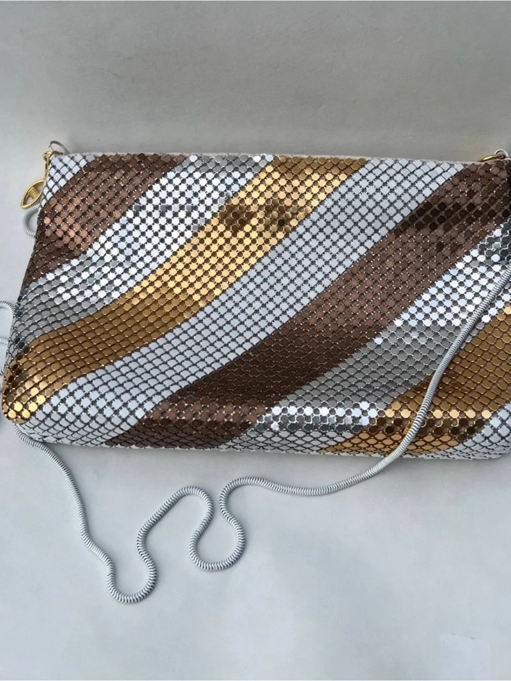 Vintage Warren Reed evening bag with diagonal stripe pattern metallic mesh